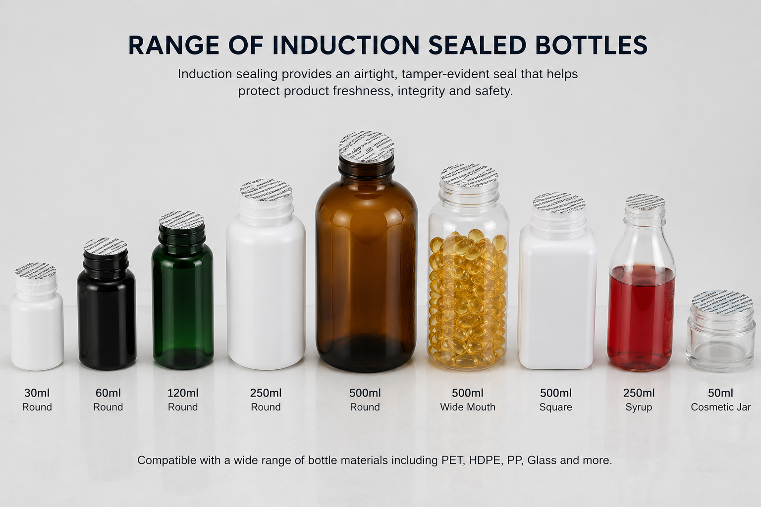 Range of induction-sealed bottles and jars including a wide-mouth container