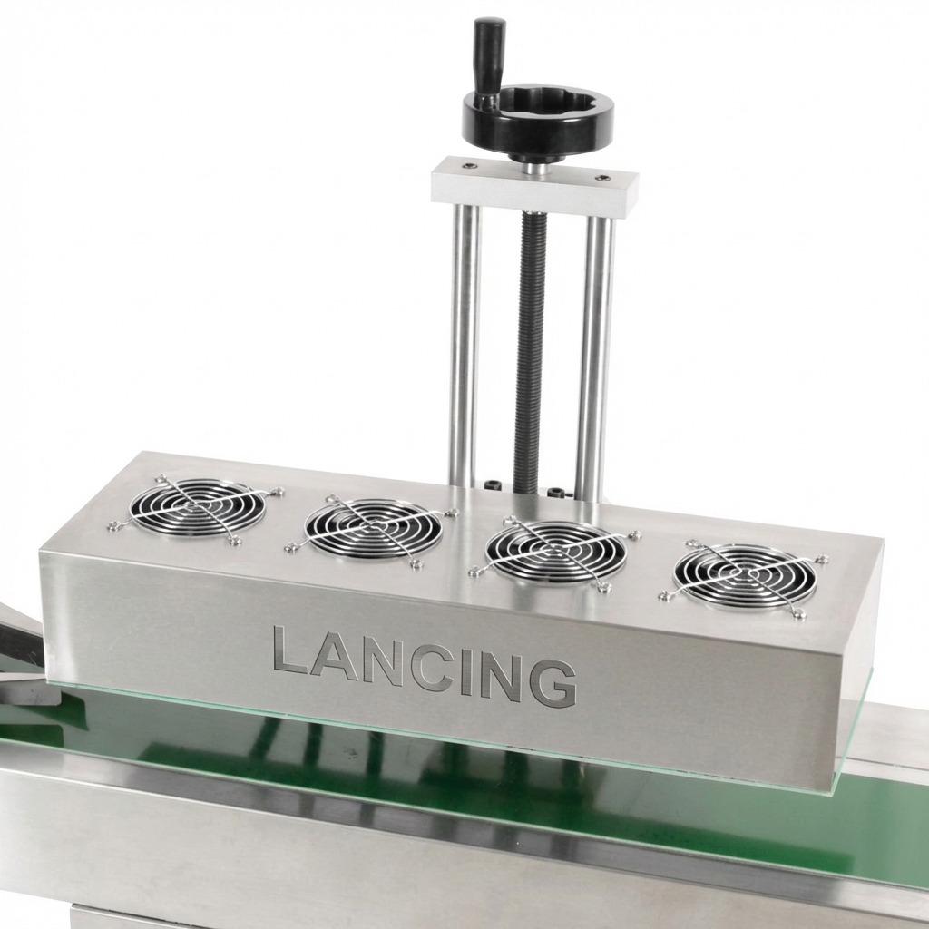 Close-up of Lancing induction sealing head and height adjustment